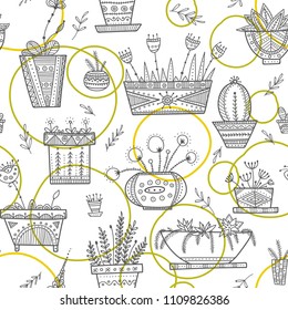 Flower pots and house plants seamless pattern in ethnic ornate boho style. Can be printed and used as wrapping paper, home decoration, wallpaper, textile, fabric, etc.