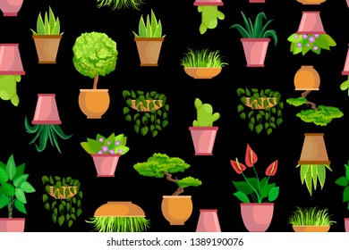 Flower pots, houseplants - Vector seamless pattern. Decorative dark background. Evergreen flat cartoon patterns. Printing on paper, covers, fabric. Bonsai, succulent, cactus and flowers