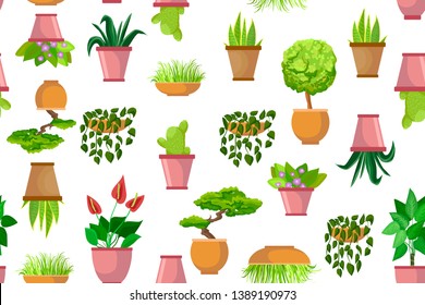 Flower pots, houseplants - Vector seamless pattern. Decorative light background. Evergreen flat cartoon patterns. Printing on paper, covers, fabric. Bonsai, succulent, cactus and flowers