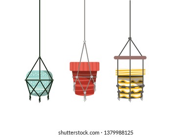 flower pots in macrame hangers icon