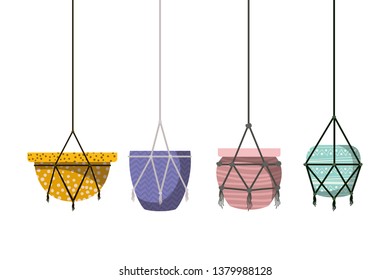 flower pots in macrame hangers icon