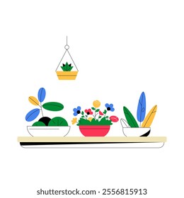 Flower Pots On Counter In Flat Vector Illustration Symbolizing Gardening, Home Decor, And Indoor Plants, Isolated On White Background