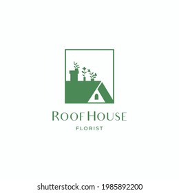 Flower pots on the roof house florist logo icon sign symbol design concept. Vector illustration