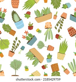 Flower pots with plants arranged randomly. Vector seamless pattern. Flat simple cartoon illustration for 
wallpaper, wrapping and more.