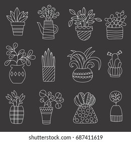 Flower pots plants doodle icons vector set