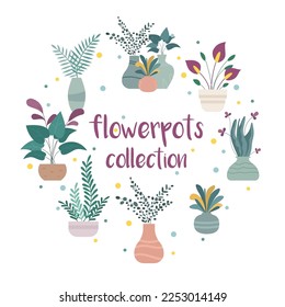 Se colocan macetas de flores. colección de flores lindas en jarrones. Plantas de casa en ollas. Ilustración vectorial dibujada a mano.