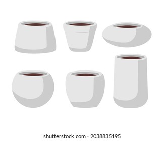 Flower pots set isolated on white background. White ceramic empty pots of different shapes. Gardening round containers, planters. Gardening equipment. Flat vector illustration.