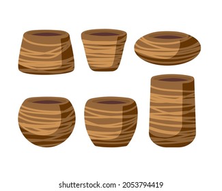 Flower pots set isolated on white background. Brown ceramic empty pots with decor of different shapes. Gardening round containers, planters. Gardening equipment. Flat vector illustration.