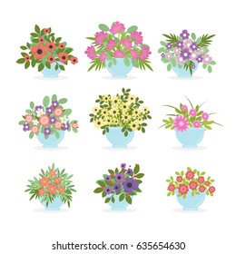 Flower pots set on white background. Colorful summer bouquets.