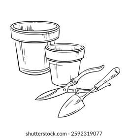 Vasos para flores, espátulas e tesouras de poda. Ilustração isolada de linha vetorial. Ideal para projetos ecológicos de jardinagem, plantio de primavera e paisagismo. Ideal para cartão sazonal, cartão postal, sinal