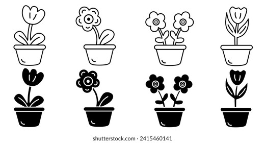Flower in pots. Vector collection of flower in pots icon illustrations. Black icon design.