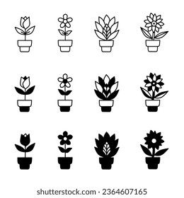 Flower in potted icon illustration collection. Black and white design icon for business. Stock vector.