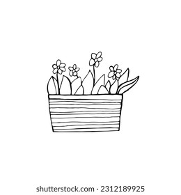 Flower pot,vector linear drawing in black and white, agricultural tools