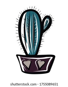 Flor en una olla.Imagen vectorial dibujada a mano de un set sobre la vida y el confort del hogar. Hay muchos objetos domésticos y muebles. Estilo Doodle. Conjunto de dibujos aislados.
