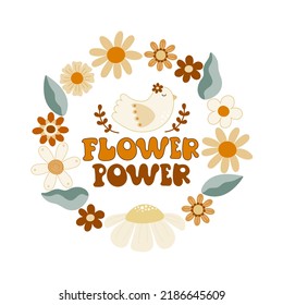 Flower power. Cartoon bird, floral frame with flowers, hand drawing lettering, décor elements. colorful vector illustration, retro style. design for cards, print, posters, logo, cover