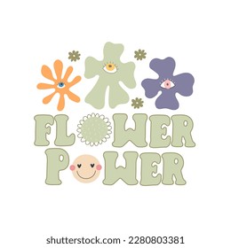 Flower power. Cartoon flowers, peace sign, hand drawing lettering, décor elements. colorful vector illustration, retro style. design for cards, print, posters, logo, cover