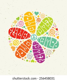 Flower Power Creative Hippie Vector Illustration. Bright Summer Lettering Concept on Paper Background