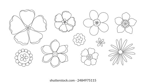 Flower power. Delicate outline retro groovy flowers. Hand drawn line art.  Floral summer and spring meadow. Doodles. Coloring book.
