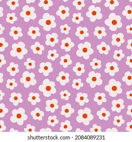 Flower power floral daze ditsy daisy seamless repeat pattern. Retro, vector botany millefleurs all over surface print on lilac background.