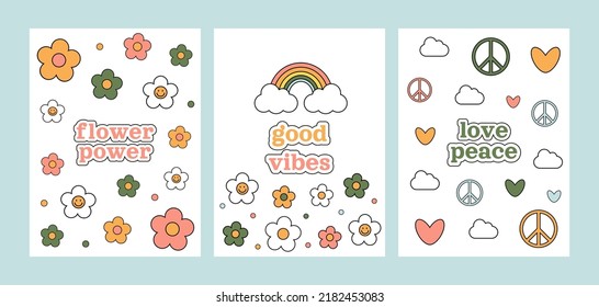 Flower power groovy 1970 set. Three postcards with colorful cartoon daisies, rainbow, hearts, symbol peace, cloud on white background. 70s vibes background. Trippy hand drawn vector illustration.