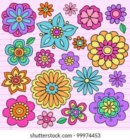 Flower Power Groovy Psychedelic Hand Drawn Notebook Doodle Design Elements Set on Lined Sketchbook Paper Background- Vector Illustration