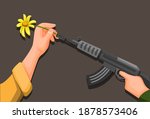 Flower Power, Hand put flower on soldier rifle gun symbol for peace and stop war concept in cartoon illustration vector