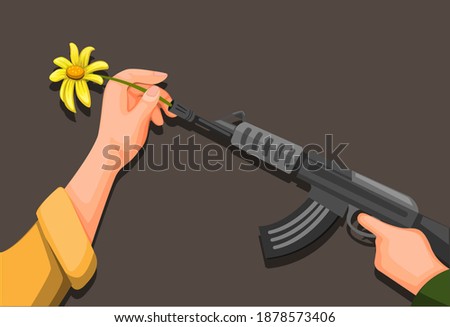 Flower Power, Hand put flower on soldier rifle gun symbol for peace and stop war concept in cartoon illustration vector