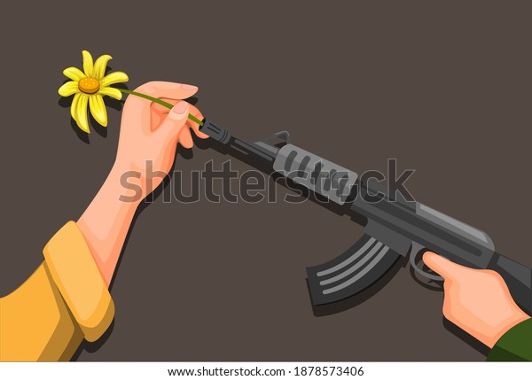 Flower\
Power, Hand put flower on soldier rifle gun symbol for peace and\
stop war concept in cartoon illustration\
vector