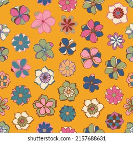 Flower power hippie seamless repeat pattern. Random placed, vector calico all over surface print on yellow background.