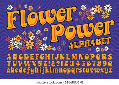 A flower power hippie themed font. This alphabet is in the style of late 60s and early 70s psychedelic artwork and lettering.