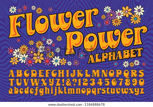 A flower power hippie themed font. This\
alphabet is in the style of late 60s and early 70s psychedelic\
artwork and lettering.