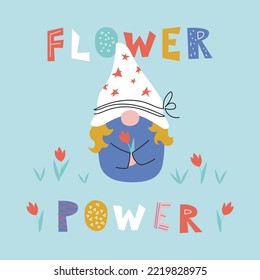 Flower power lettering with cute female dwarf character on tulip field