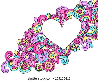 Flower Power Peace & Love Groovy Psychedelic Notebook Doodles Heart Frame Vector Illustration