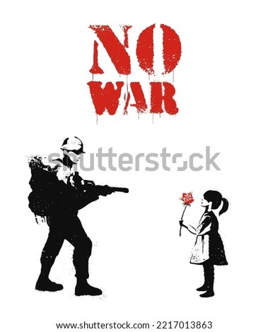 Flower Power, Put flower on soldier rifle gun. Symbol for peace and stop war concept. Make peace and spread love. No War. Retro grunge poster. Banksy style. Hand drawn. Flat vector illustration.