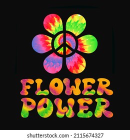 Flower Power Quote. Tie Dye Psychedelic Surreal Font.Vector Tiedye Illustration Logo.Flower Power Slogan Text.60s,70s,groovy,tie Dye Psychedelic,trippy Print For T-shirt,poster,sticker Concept