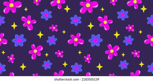 Flower power retro 1990s seamless pattern with daisy for wallpaper design. Psychedelic print. Flower power. Trendy pop art retro floral pattern. Bright seamless design