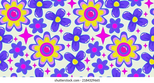 Flower power retro 1990s seamless pattern with daisy for wallpaper design. Psychedelic print. Flower power. Trendy pop art retro floral pattern. Bright seamless design