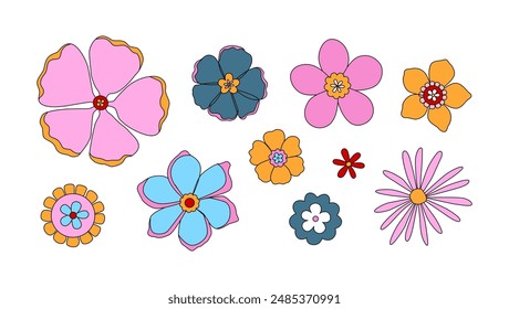 Flower power. Retro groovy hippie flowers and chamomiles. Psychedelic floral stickers, doodles, icons. Vector isolated on white.