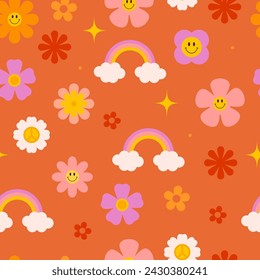 Flower Power. Retro groovy nahtloses Muster. Blumen und Regenbogen. Vektor