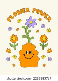 Flower Power retro hippie design illustration, positive message phrase isolated on a beige background. Trendy groovy vector print in style 70s, 80s
