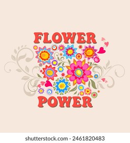 Flower Power seventies retro slogan with hippie colorful flowers – daisy, tulip, pink hearts and floral pattern for 70s 60s nostalgic poster or card, t-shirt print