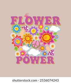 Flower Power seventies retro slogan with hippie colorful flowers, white daisy and clouds, fly agaric, peace and love sign for 70s 60s nostalgic poster or fashion print