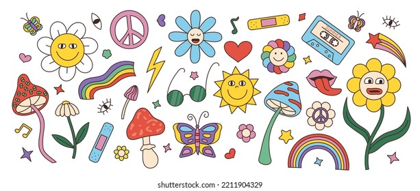 Flower power stickers, retro psychedelic collection. Groovy butterfly, hand drawn daisy, heart and sun, hippie mushroom. Peace symbols, isolated 70s disco labels. Vector cartoon clipart