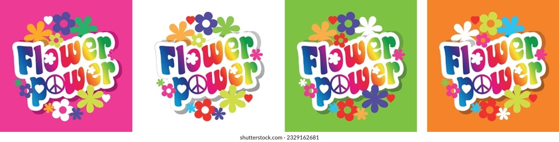 Flower power typography in a circle with flowers and peace and love sign