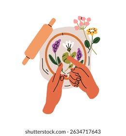 Prensagem de flores, decoração de herbário. Mãos com ramos florais em tecido, processo de artesanato. Decoração botânica artesanal. Flora criativa, trabalho DIY. Ilustração de vetor plano isolada em fundo branco.