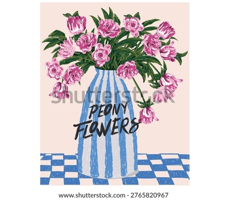 Flower print design for t shirt. Flower pot abstract painting. Peony flower watercolor painting.