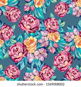 Flower print. Elegance seamless pattern. Vintage Seamless pattern vector with roze flowers. Hand drawing illustration with wild floral for fashion ,fabric, and all prints on 
green background colors. 