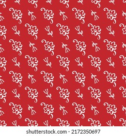 FLOWER PRINT Hand Drawn Floral Sketch With Abstract White Flowers On Red Background Botanic Cartoon Seamless Pattern Vector Illustration