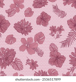 Flower print with pink background and polka dot texture.  Romantic lineart flowers pattern.