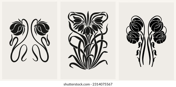 Flower print set. Hand drawn design for wallpaper, wall decor, print, postcard, cover, template, banner.